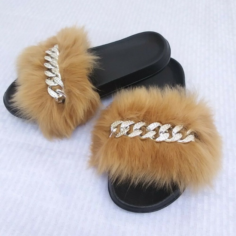 Brown Faux Fur Slides/Slippers/With Chain